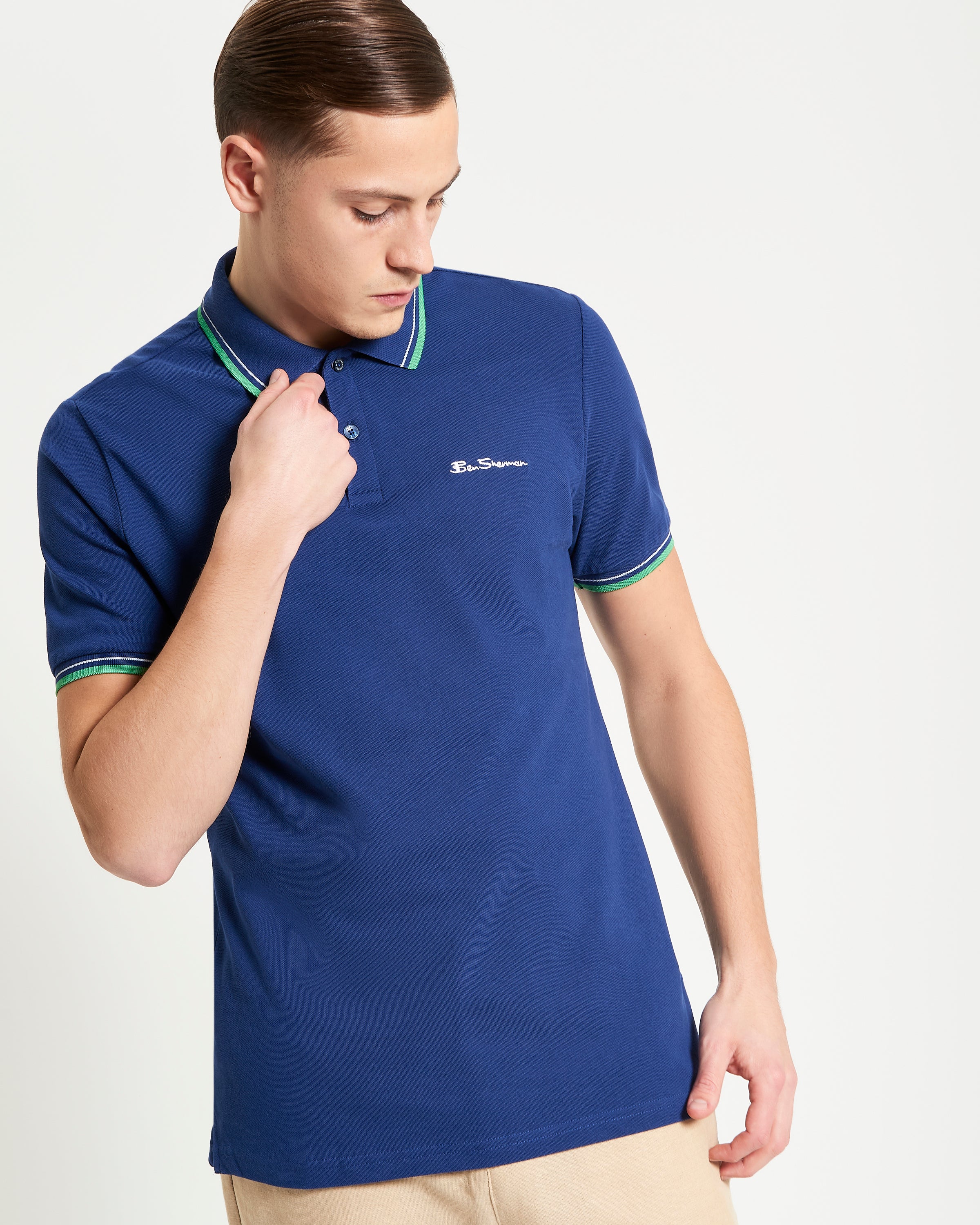 Signature Pique Polo – Navy color with contrast detailing, crafted from 100% Certified Organic Cotton.