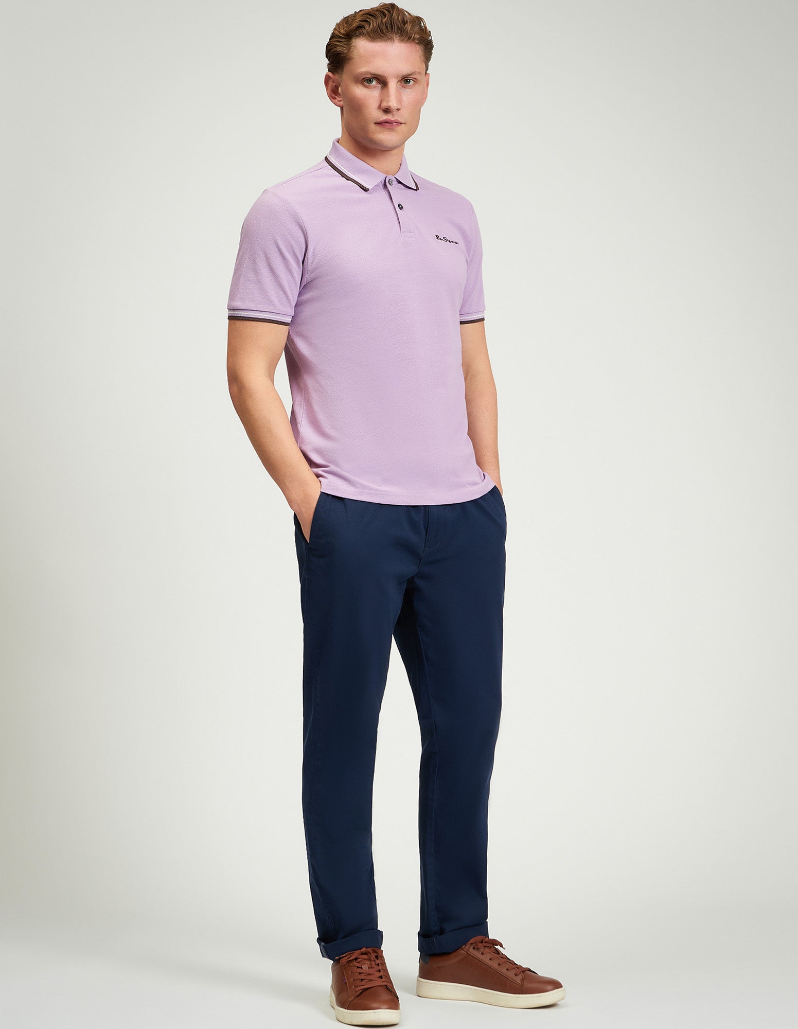 Signature Pique Polo – refined tailored fit in lavender with contrast detailing and comfortable style.