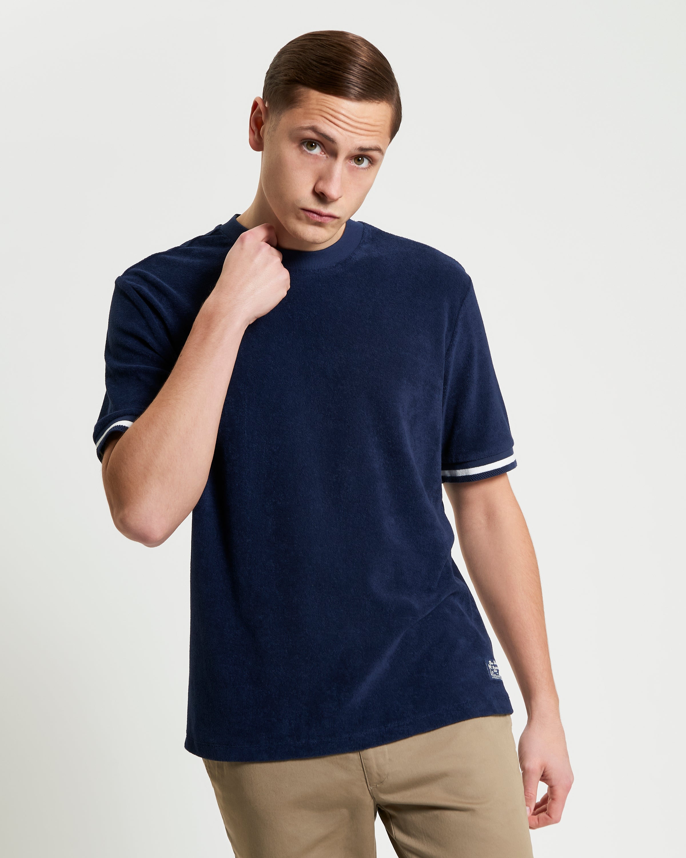 Towelling Tee – navy blue – relaxed fit with stripe ribbed cuff by Ben Sherman