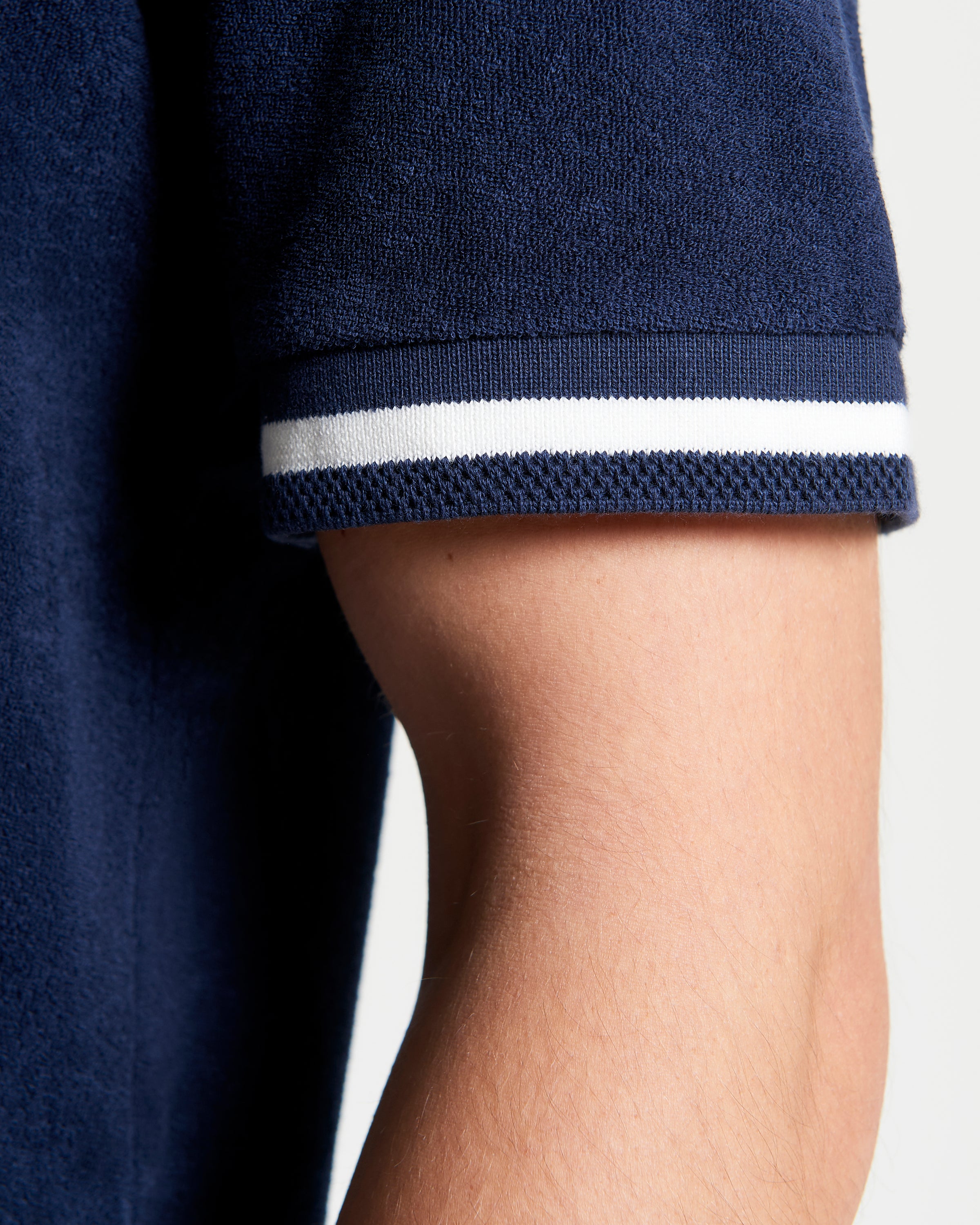 Towelling Tee – navy blue sleeve detail with stripe ribbed cuff
