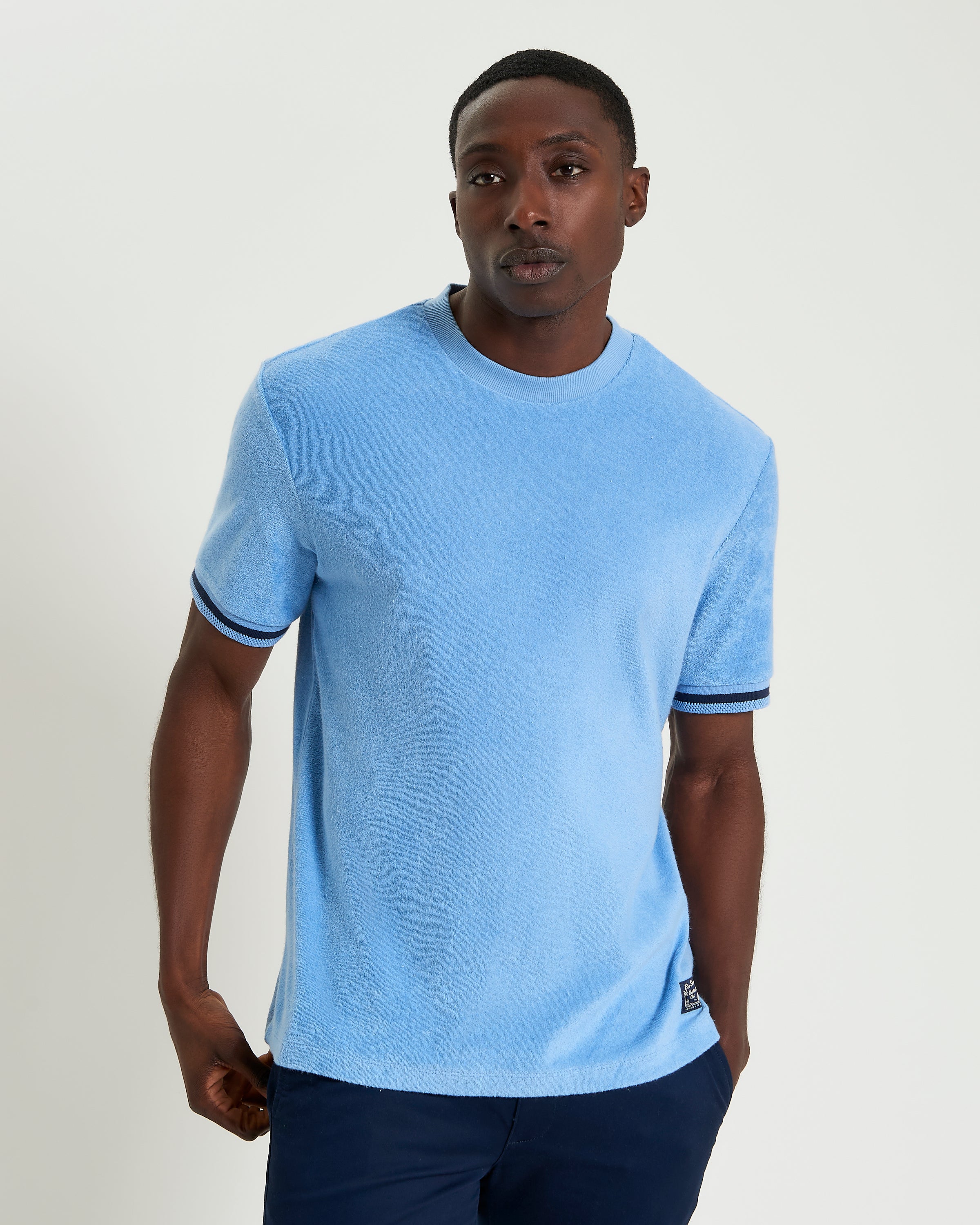 Towelling Tee – blue – luxurious towelling cotton fabric designed in a relaxed fit with stripe ribbed cuffs.