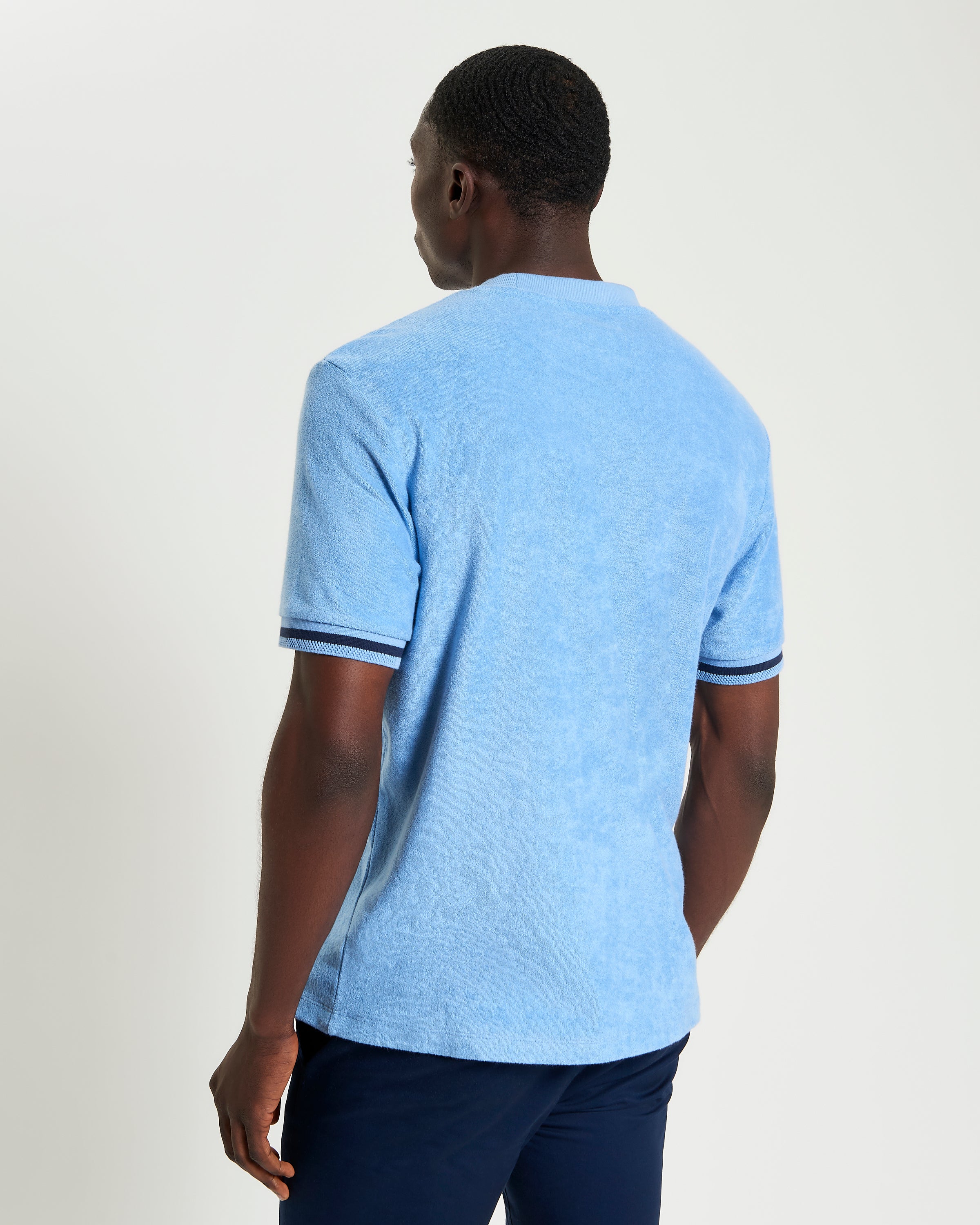 Towelling Tee – Blue – Relaxed fit with stripe ribbed cuff, showcasing luxurious towelling cotton fabric.
