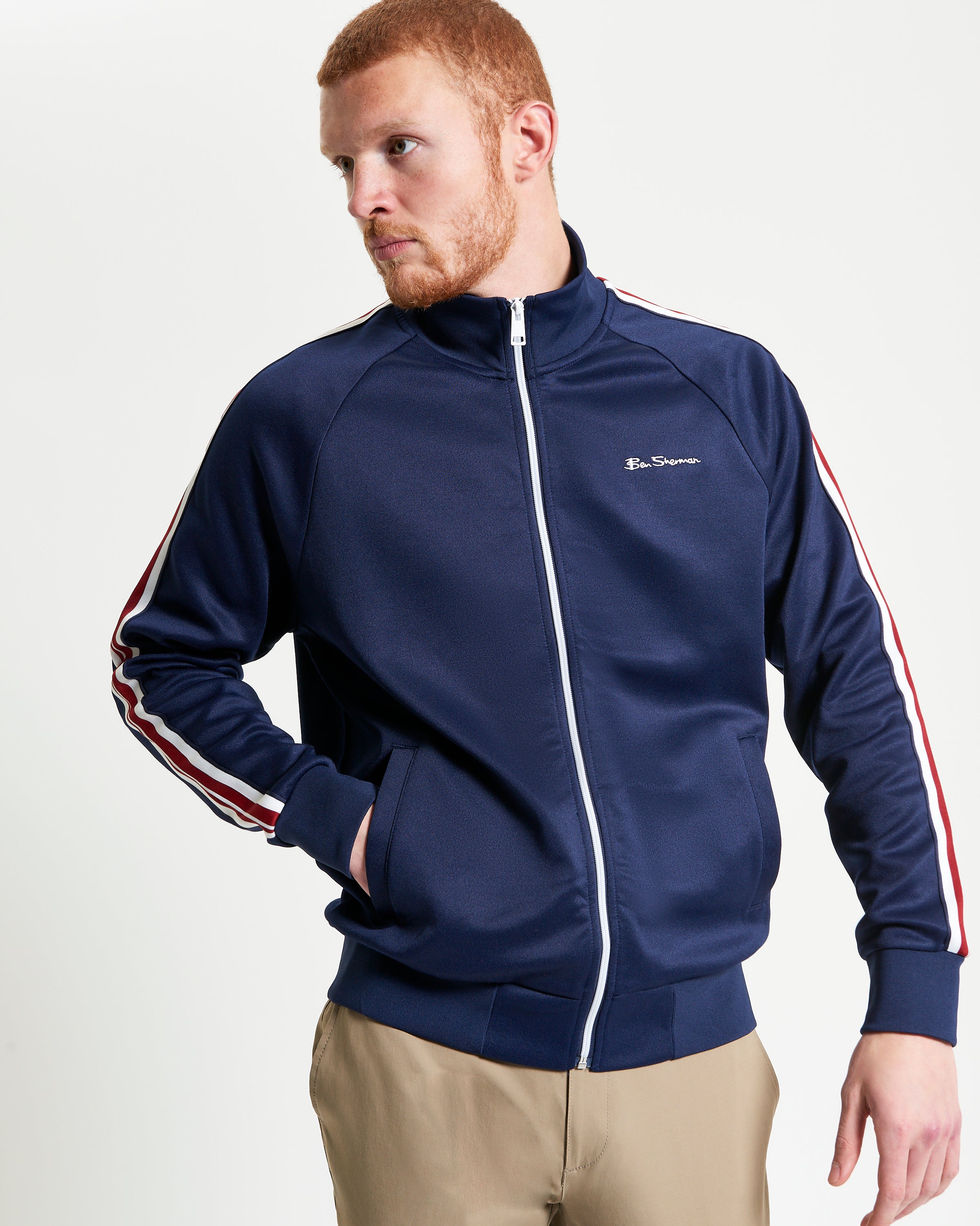 House Tape Track Top – Navy Track Top with Red and White Stripe Accents and Two Pockets by Ben Sherman.