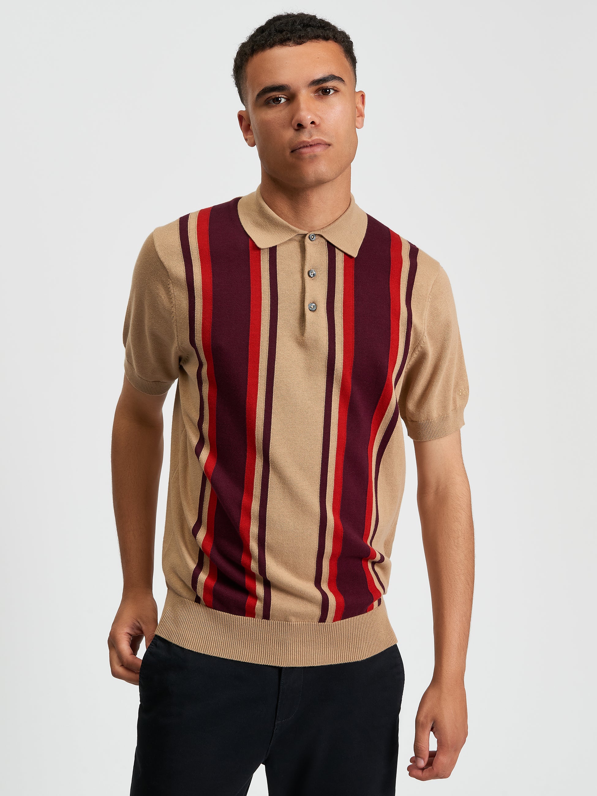 Stripe Knitted Polo Tan Biege