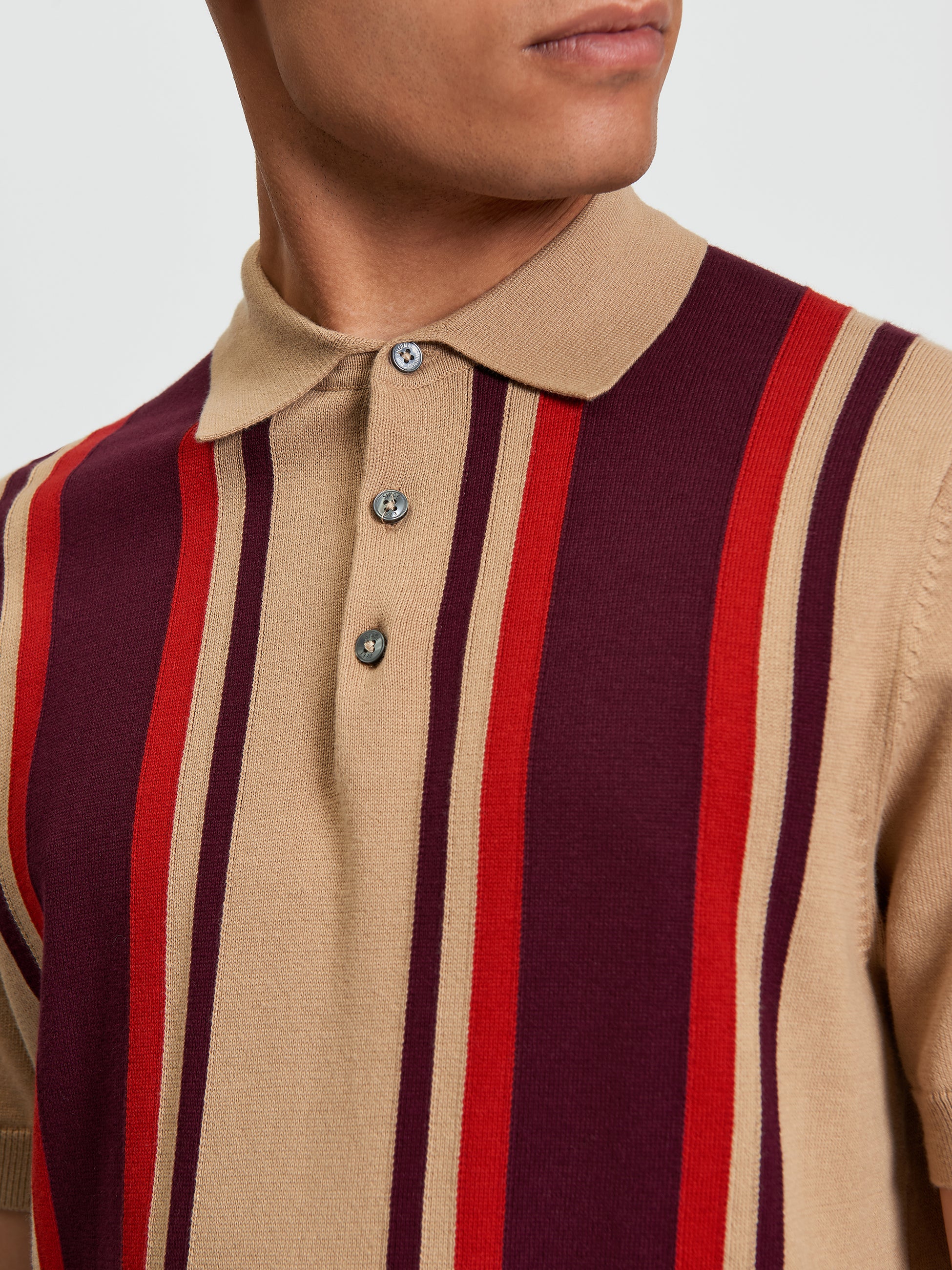 Stripe Knitted Polo Tan Biege