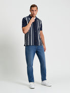 Button Up Stripe Polo Navy