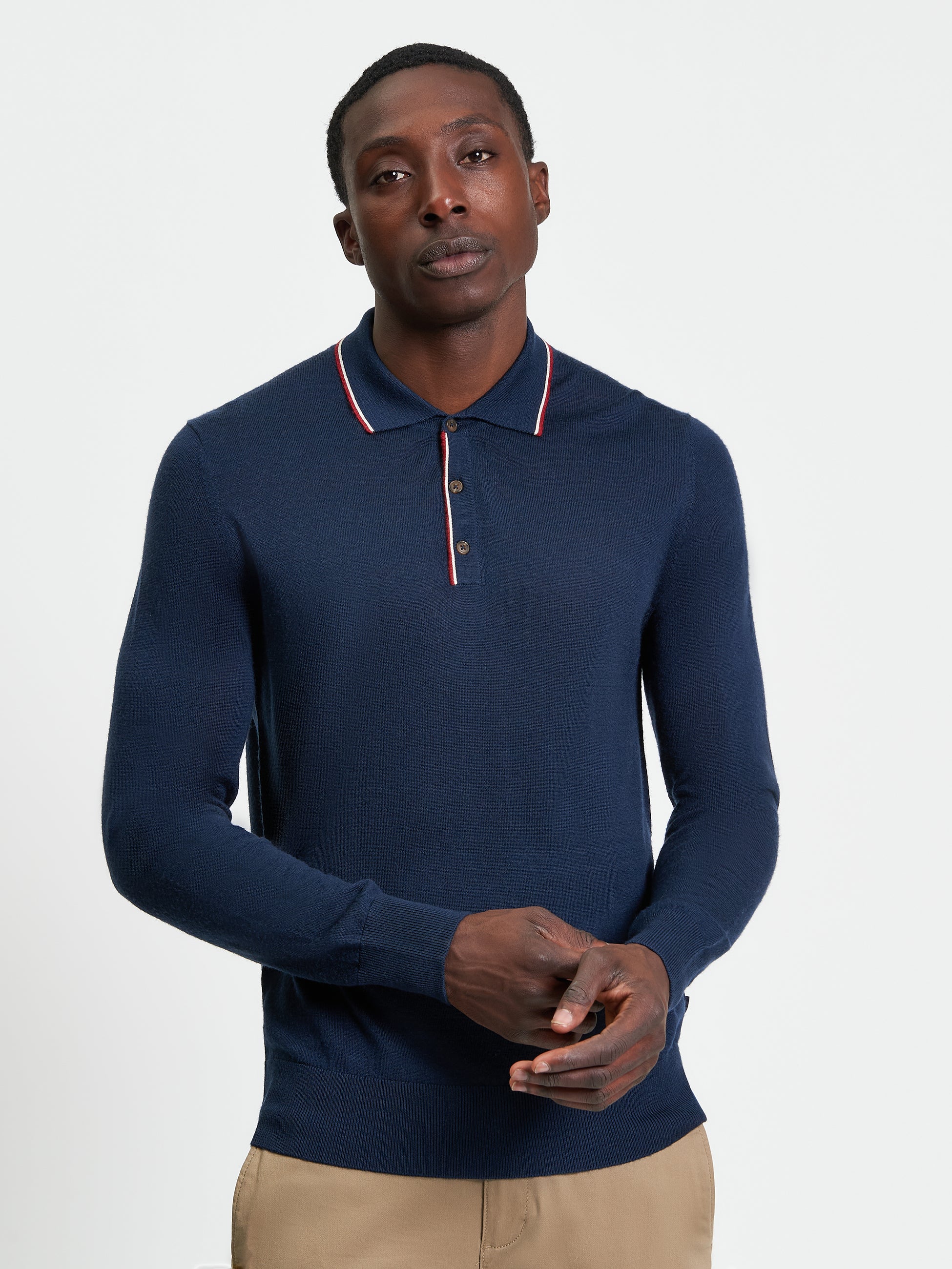 Wool Polo Top Long Sleeve Navy