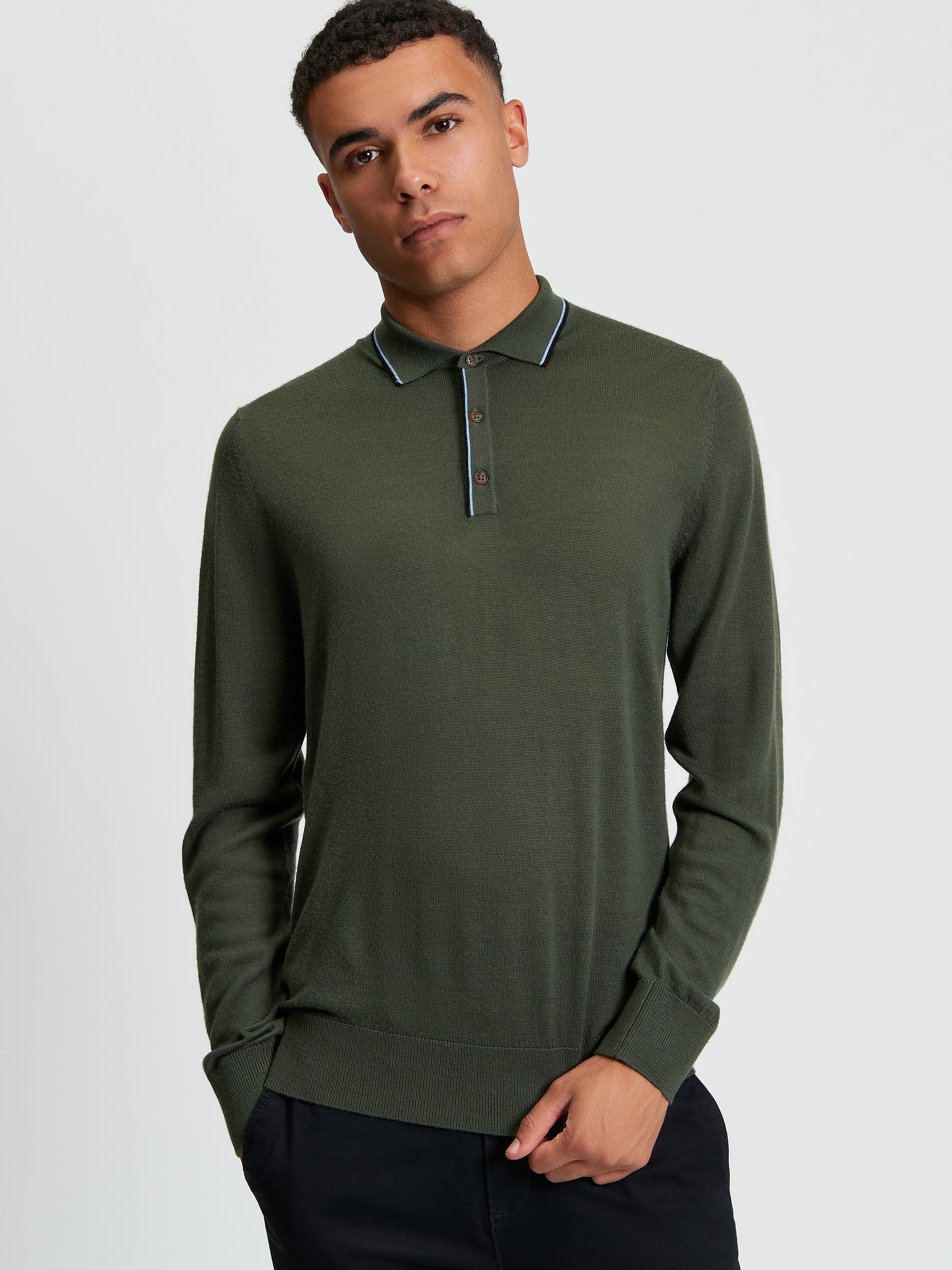 Wool Polo Top Long Sleeve Beige Tan