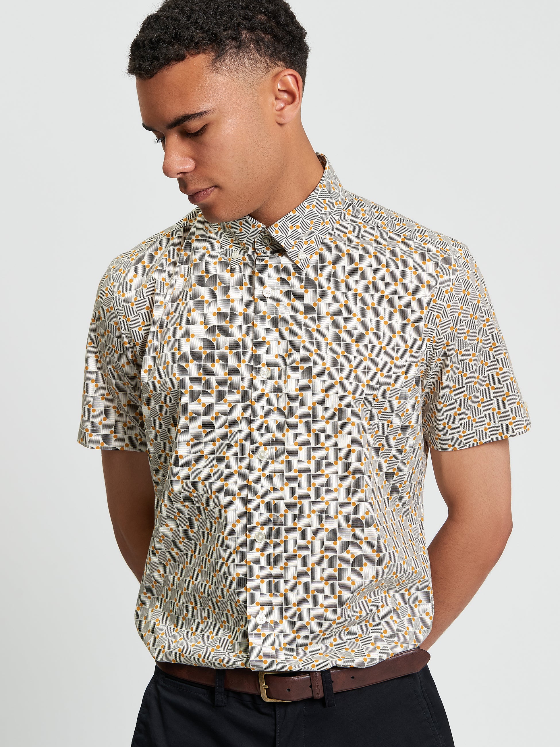 Short Sleeve Shirt Print Mustard Yellow