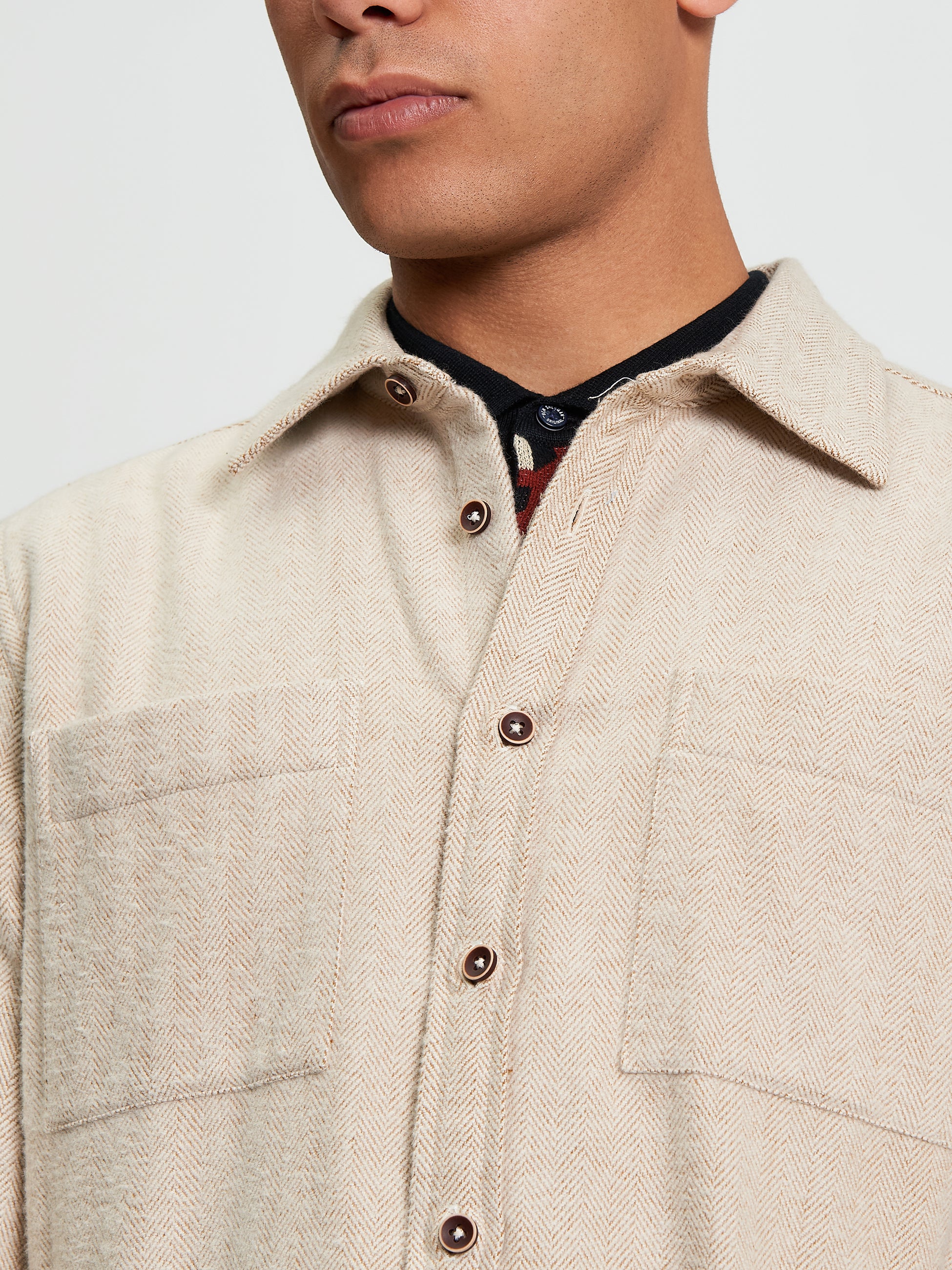 Brushed Herringbone Overshirt - Bronze - Close Up