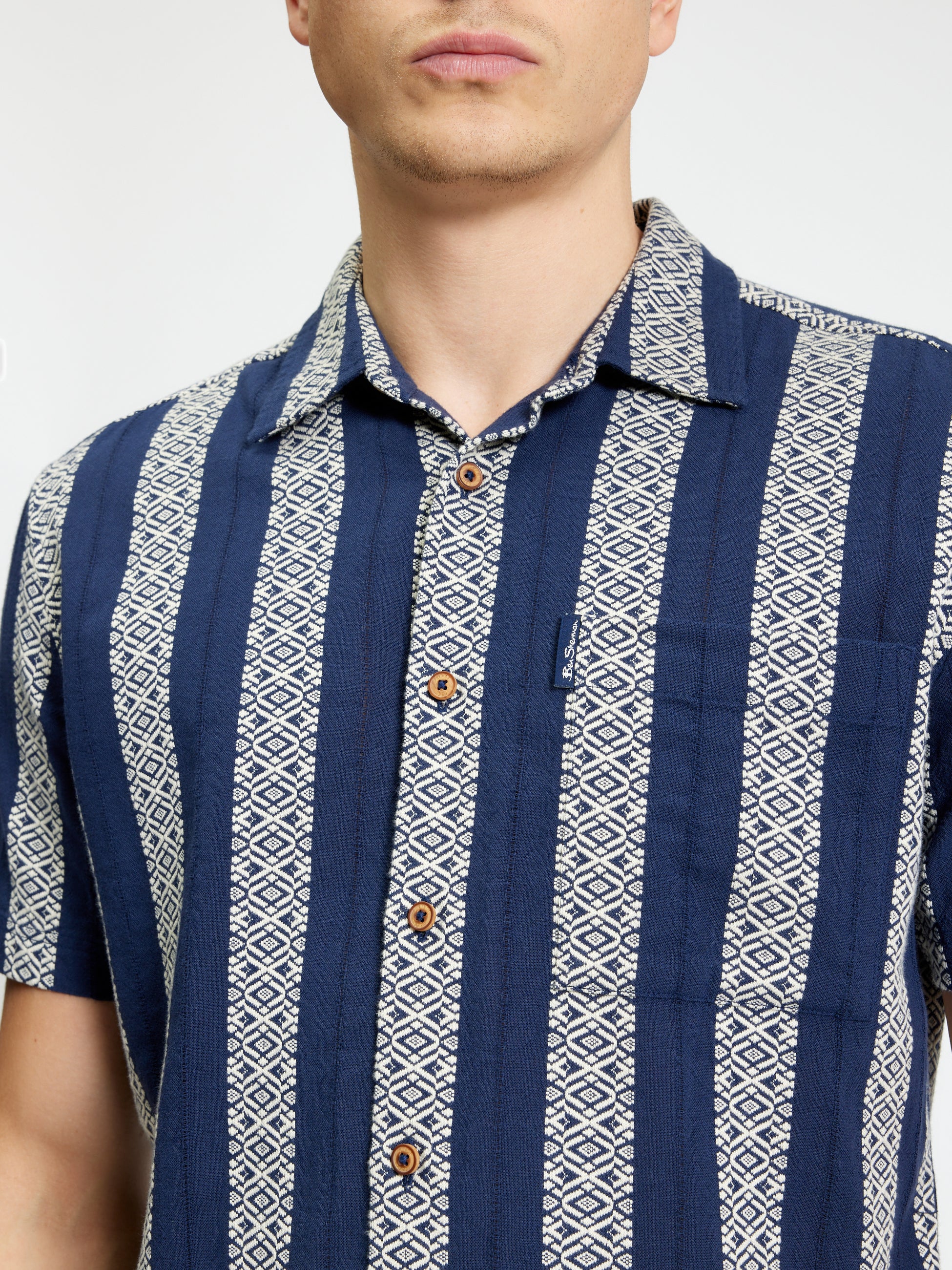 Short Sleeve Block Geo Jacquard Stripe Shirt - Twilight Denim - Close-Up