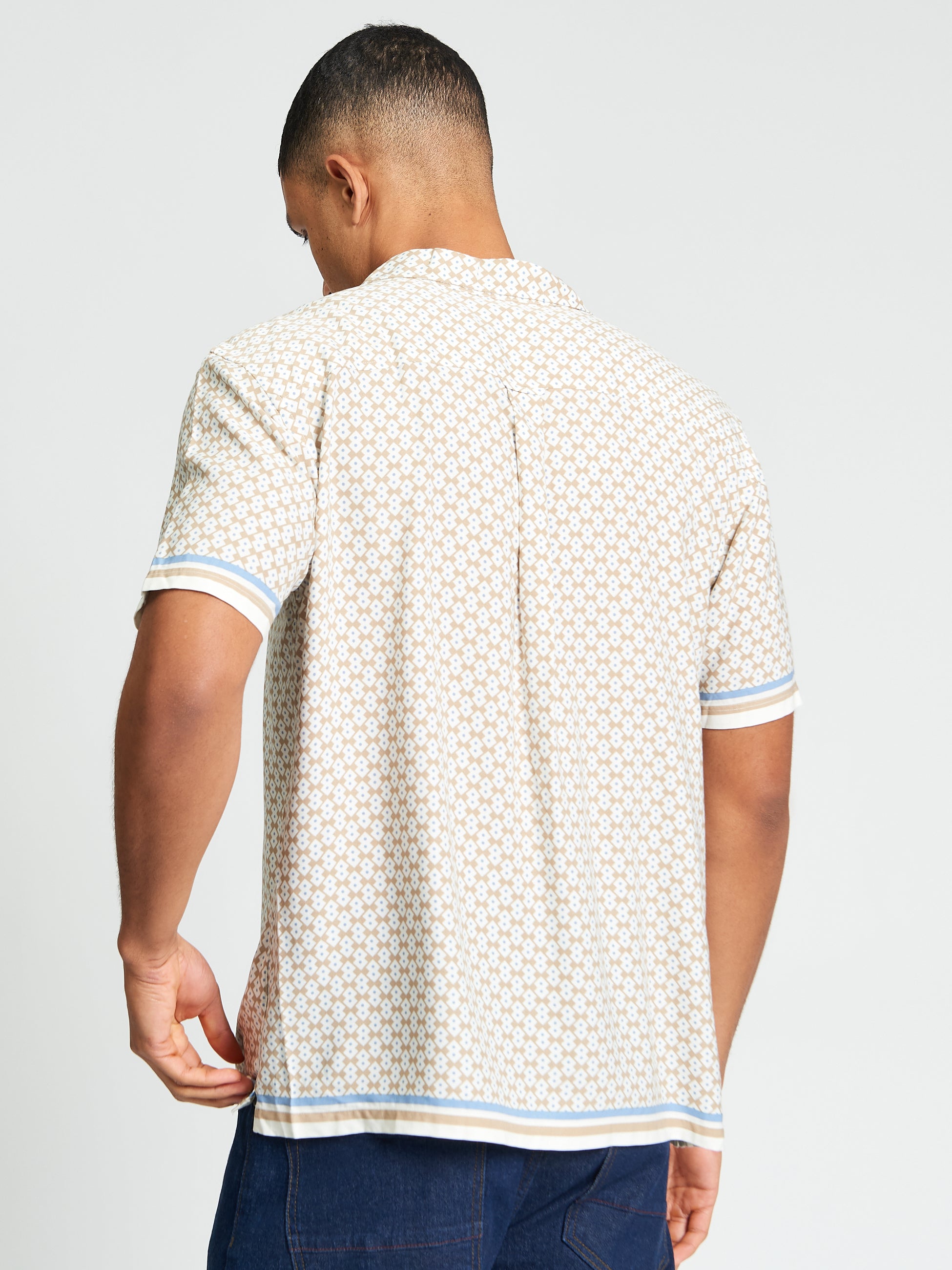 Short Sleeve Geo Border Print Shirt - Sand - Back View