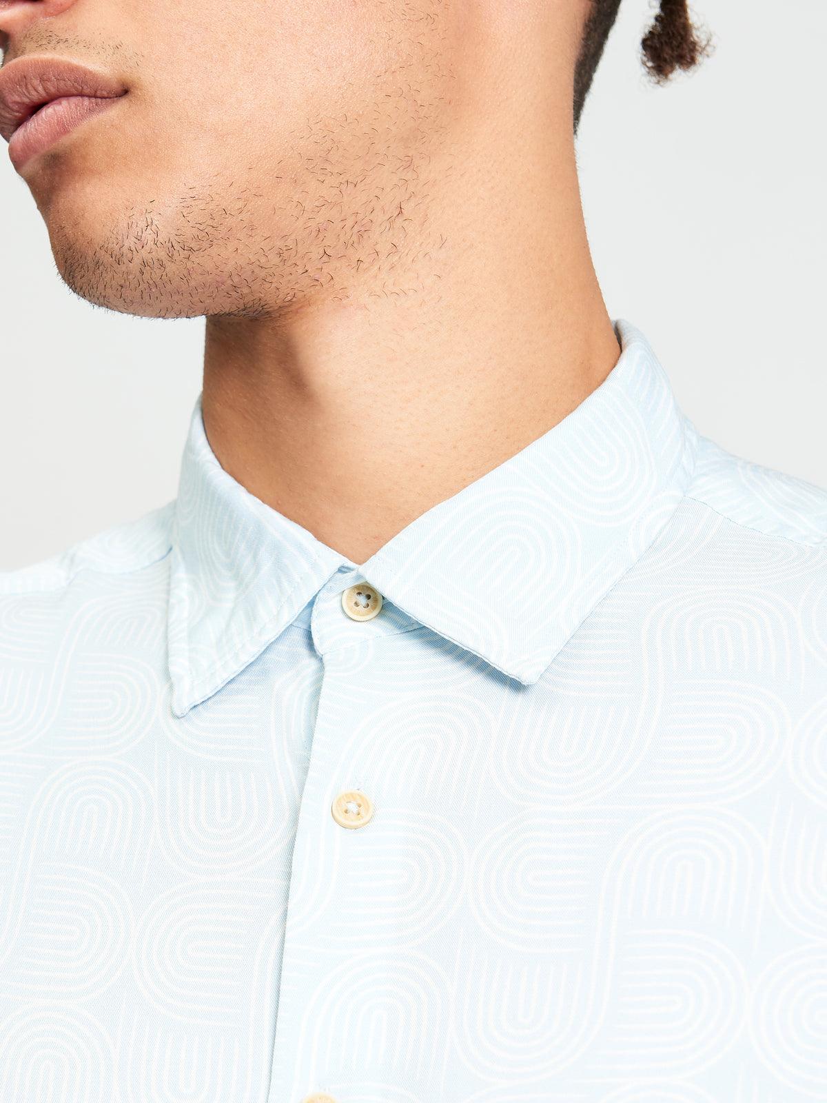 Short Sleeve Linear Print Shirt - Powder Blue - Close-Up