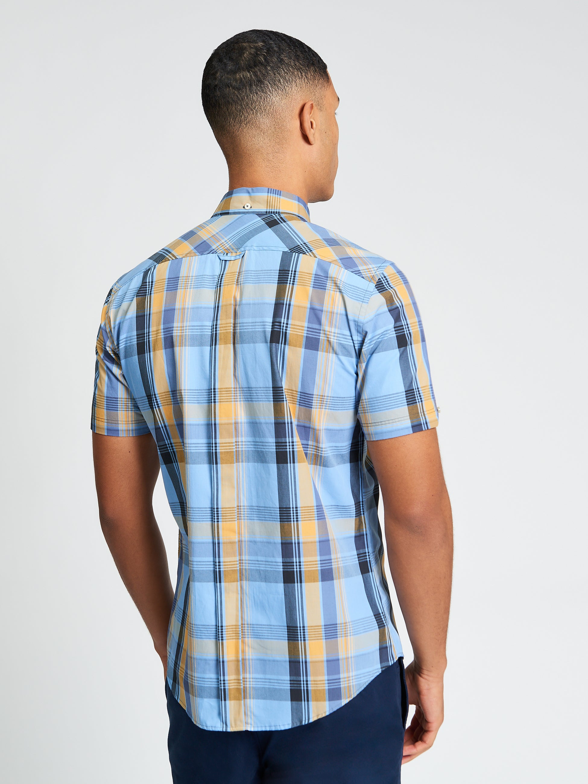 Short Sleeve Block Check Shirt - Lake Blue - Back View