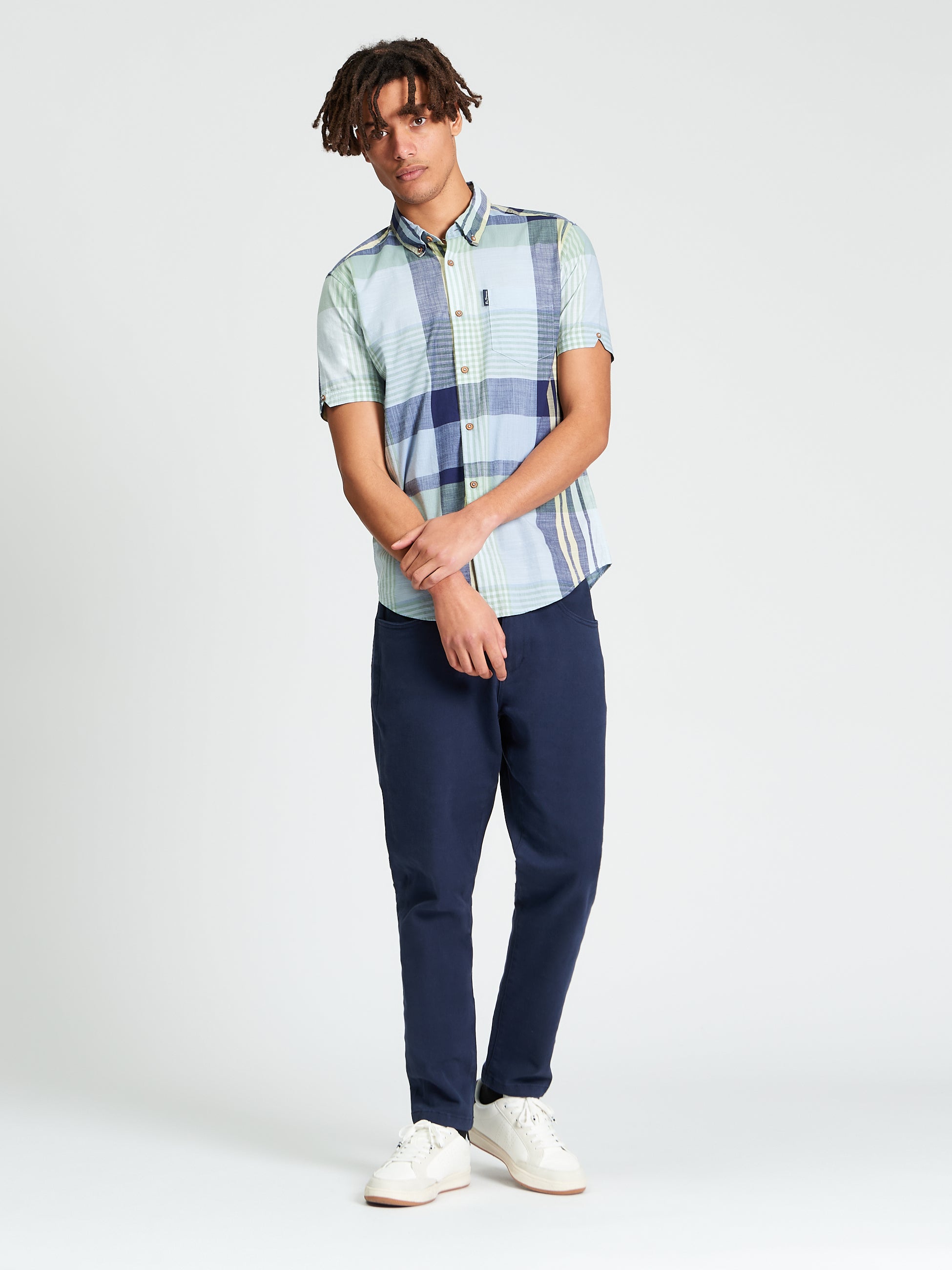 Short Sleeve Large Madras Check Shirt - Powder Blue - Carnaby