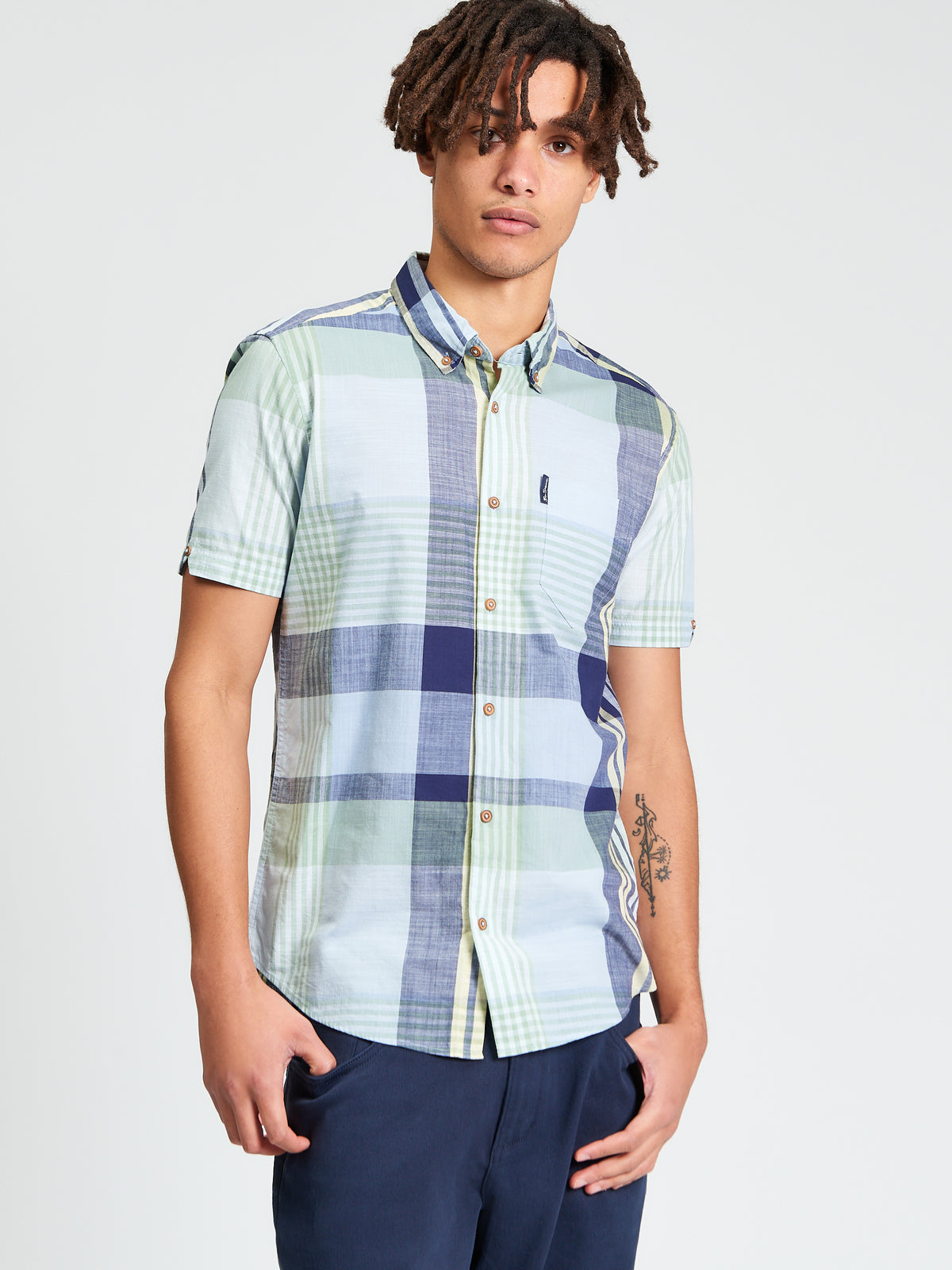 Short Sleeve Large Madras Check Shirt - Powder Blue - Styled