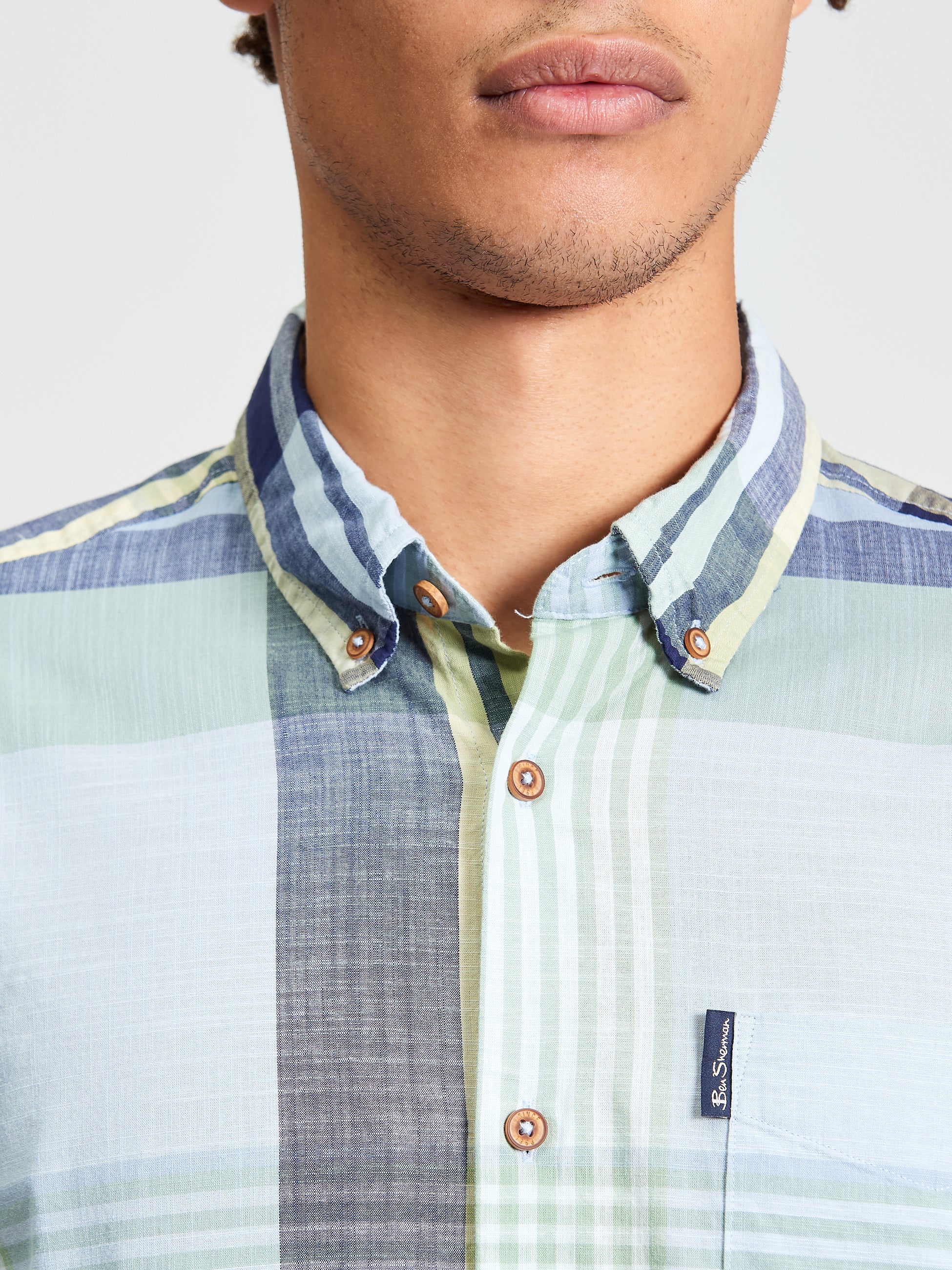 Short Sleeve Large Madras Check Shirt - Powder Blue - Close-Up
