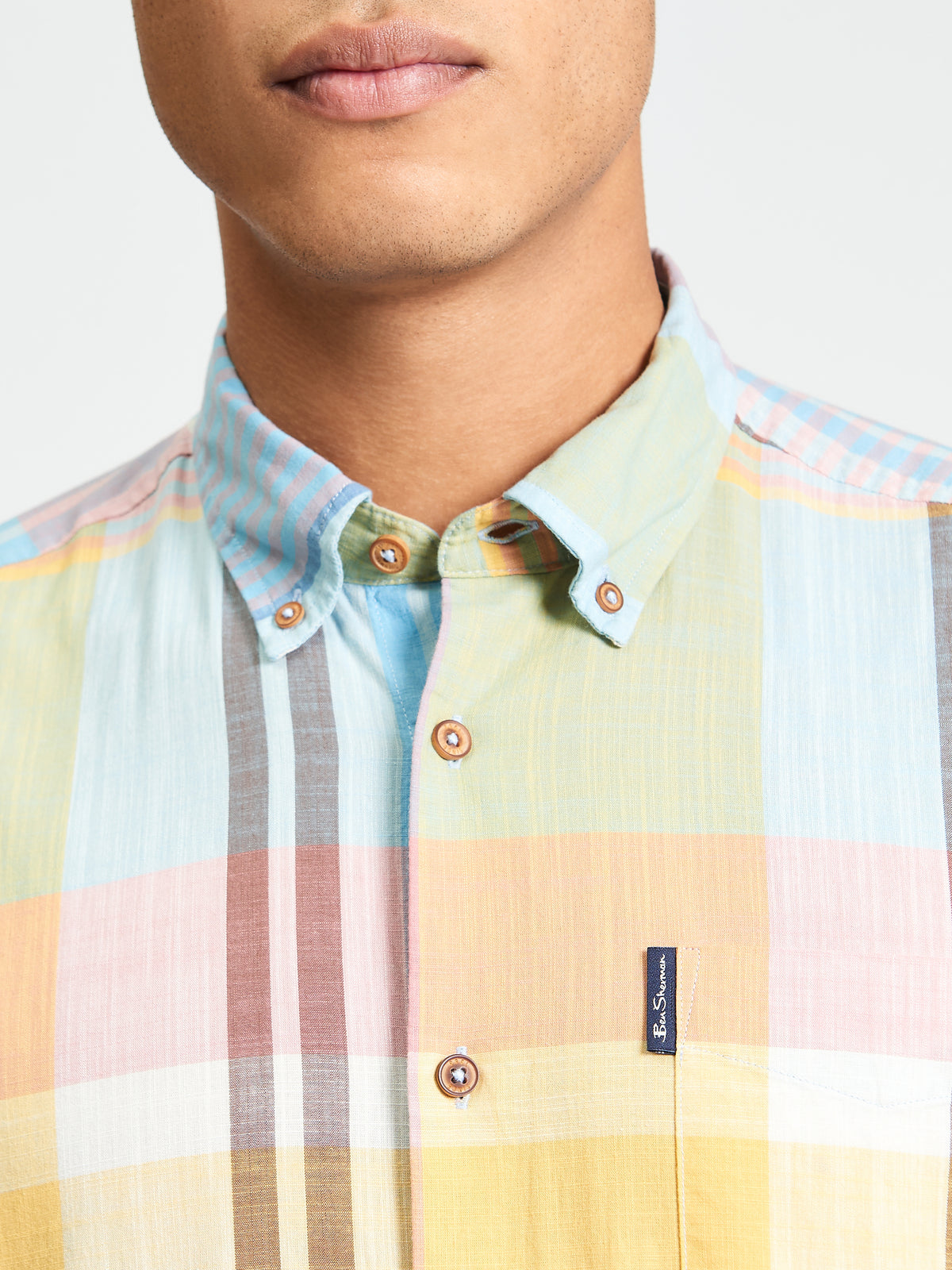 Short Sleeve Large Madras Check Shirt - Zest - Close-Up