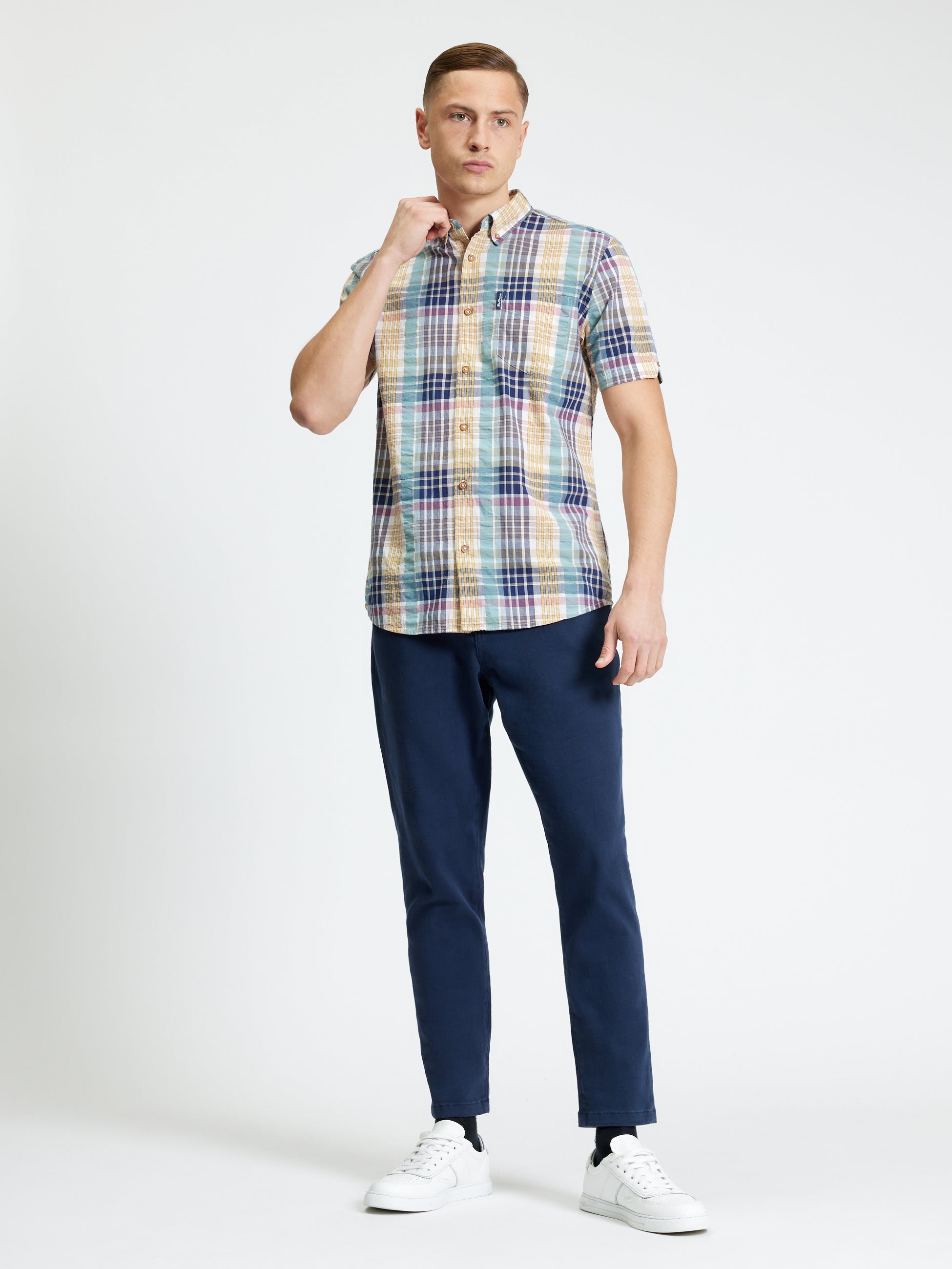Short Sleeve Seersucker Check Shirt - Aqua - Mod