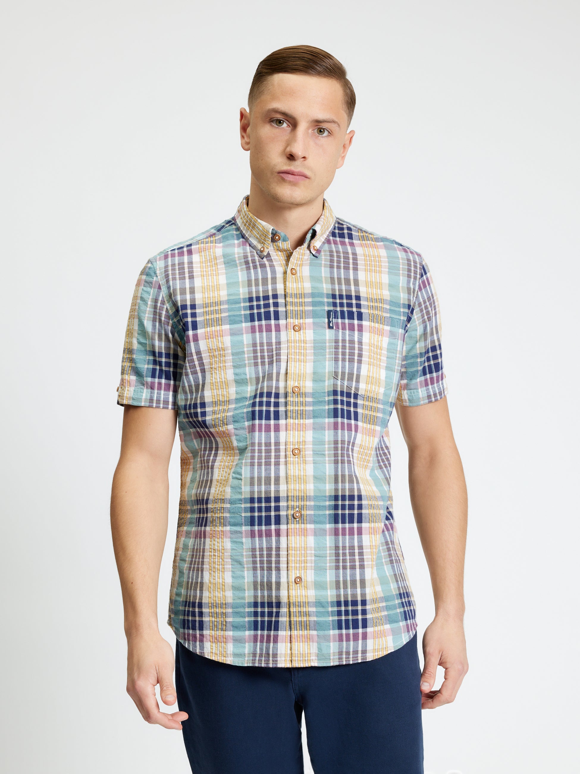 Short Sleeve Seersucker Check Shirt - Aqua - Styled