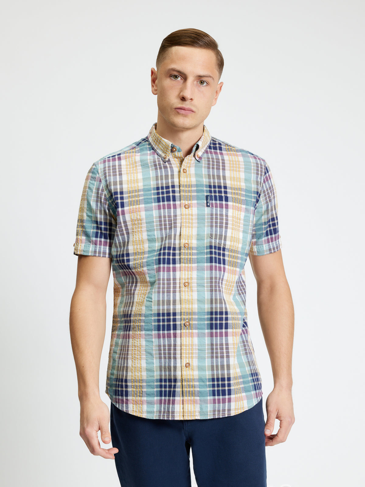 Short Sleeve Seersucker Check Shirt - Aqua - Styled