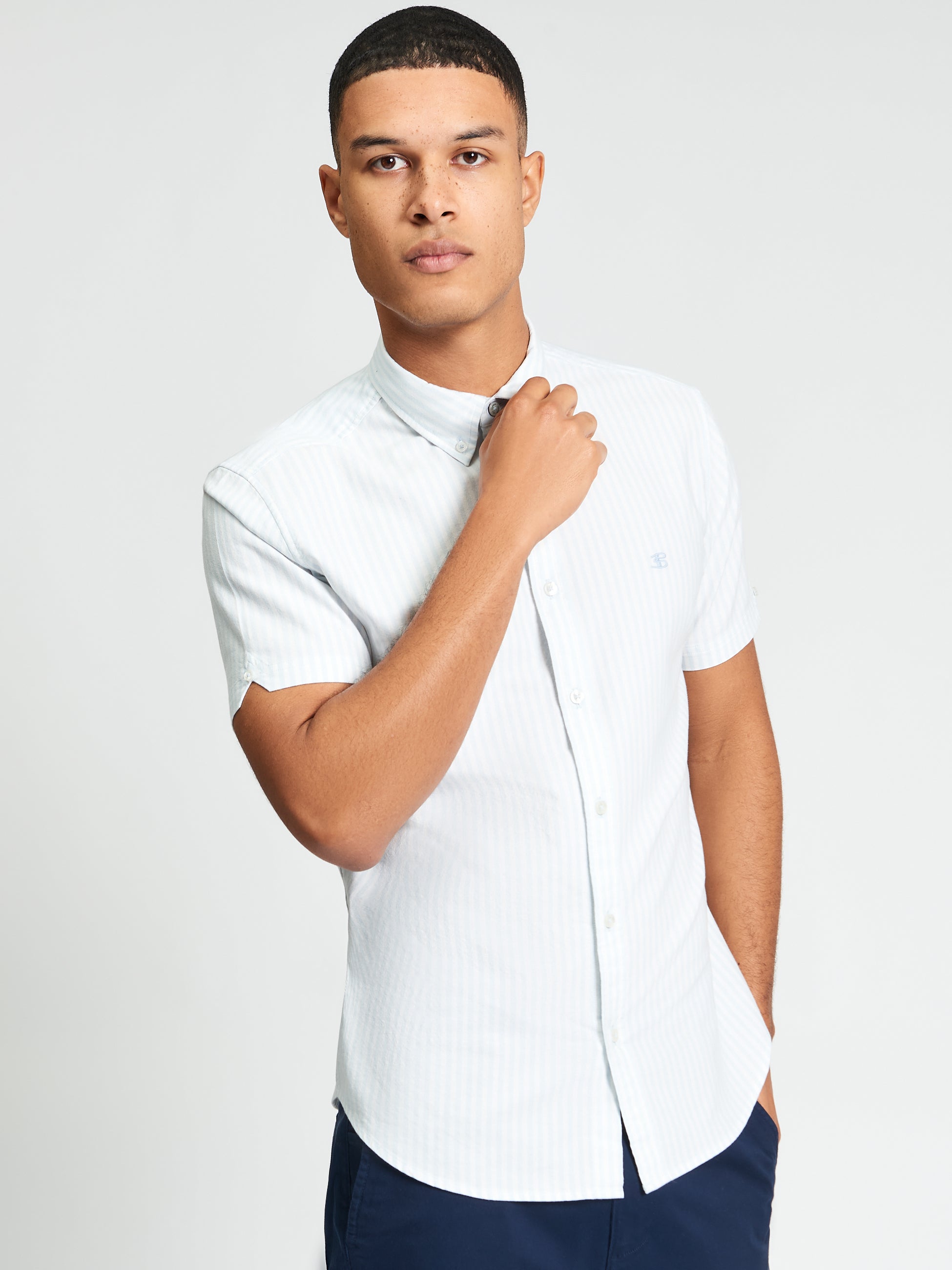 Short Sleeve Oxford Stripe Shirt - Light Blue - Styled