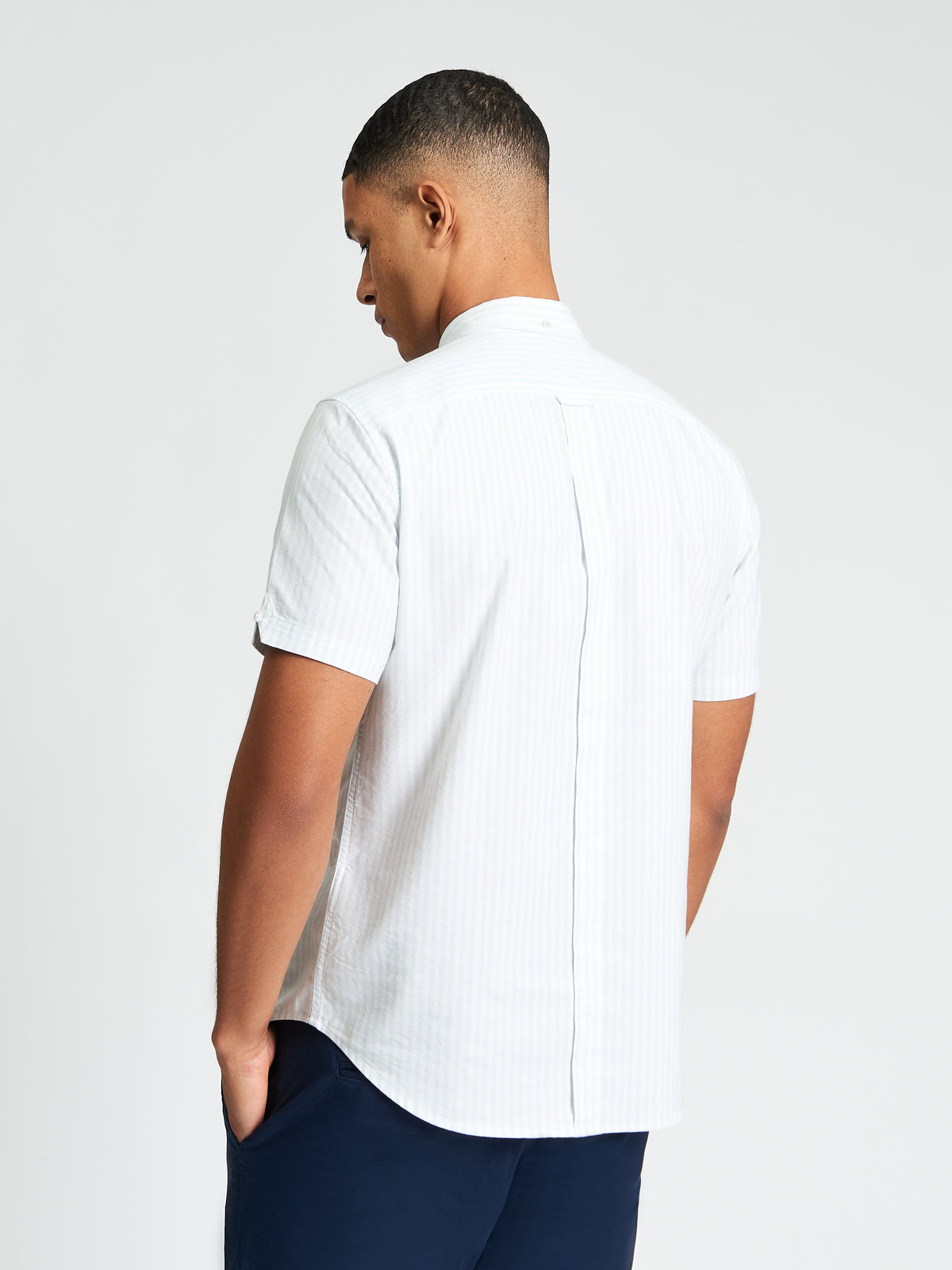 Short Sleeve Oxford Stripe Shirt - Light Blue - Back View