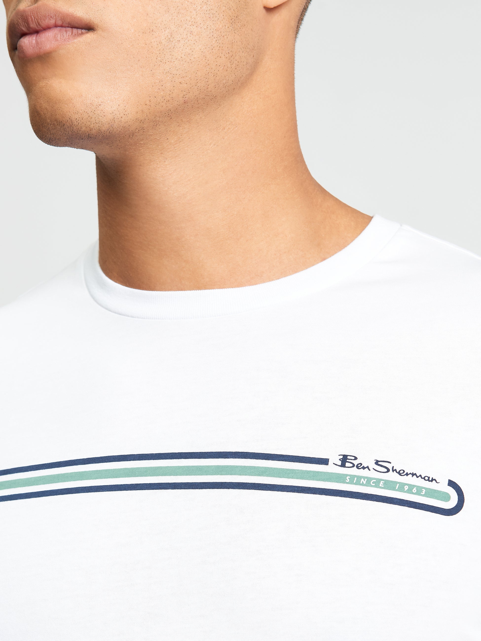 Core Stripe Tee – Ben Sherman white t-shirt with printed chest stripe design and branded label.