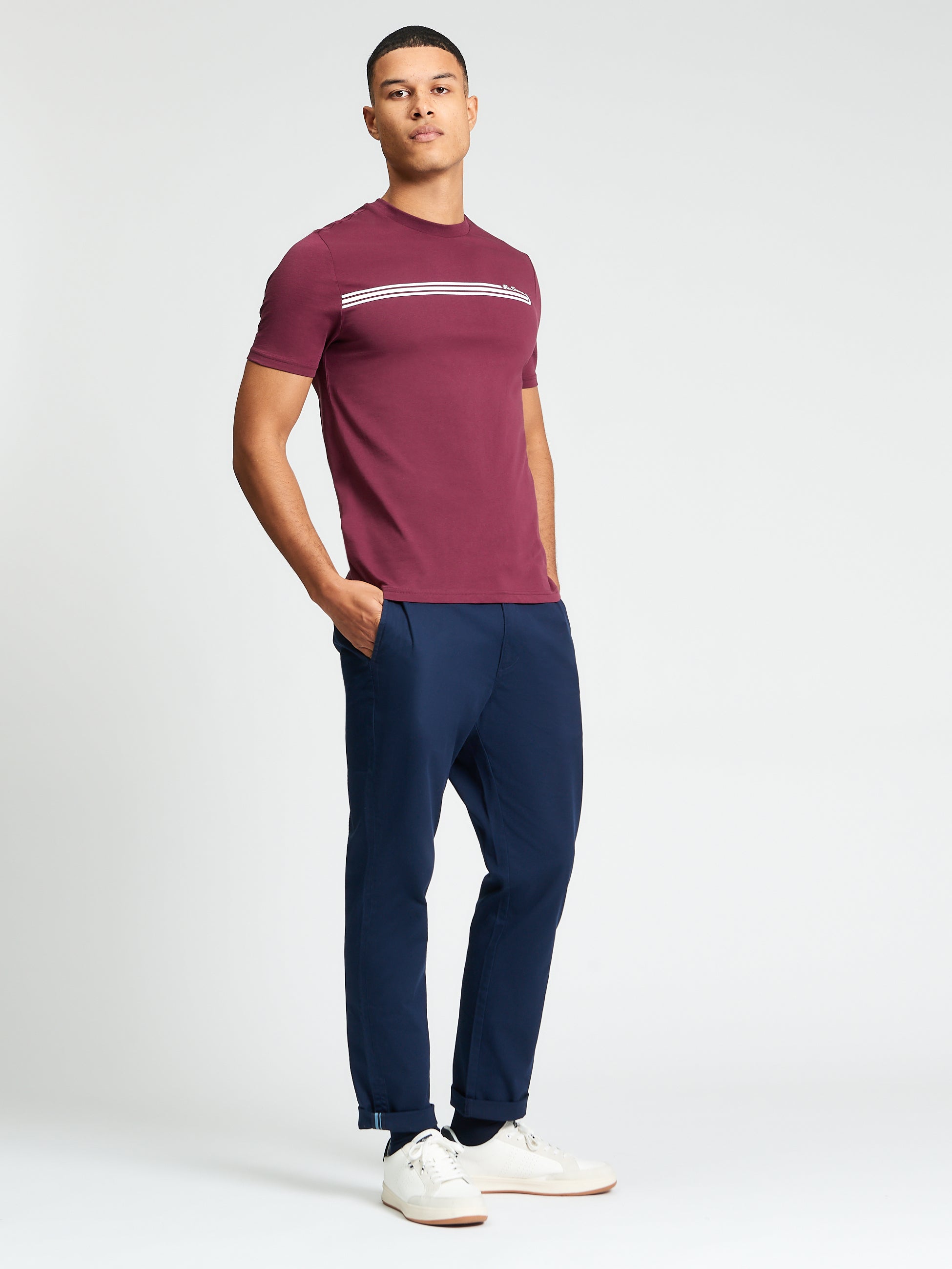 Core Stripe Tee – Burgundy – Bold printed stripe design on chest, made from 100% organic cotton.