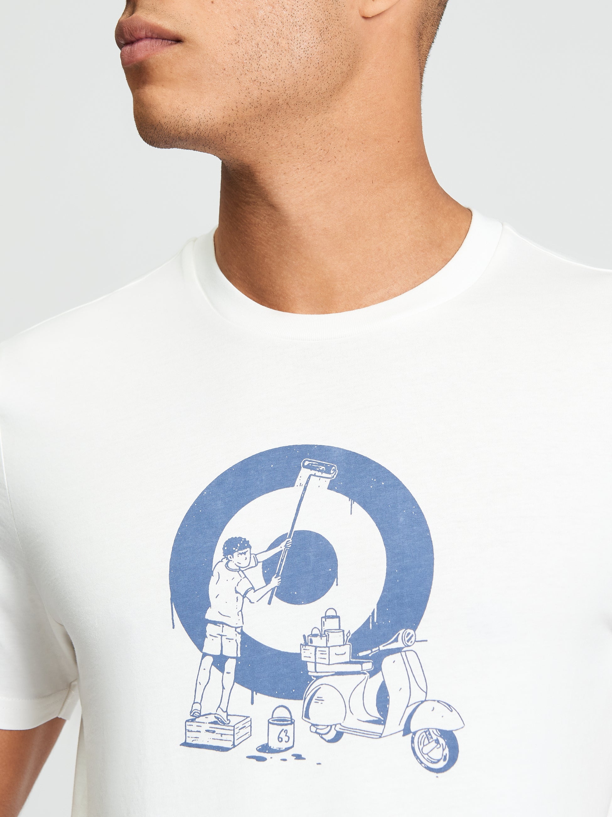 Rascal Target Tee featuring art-inspired graphic print on chest with creative artwork and vintage scooter design.