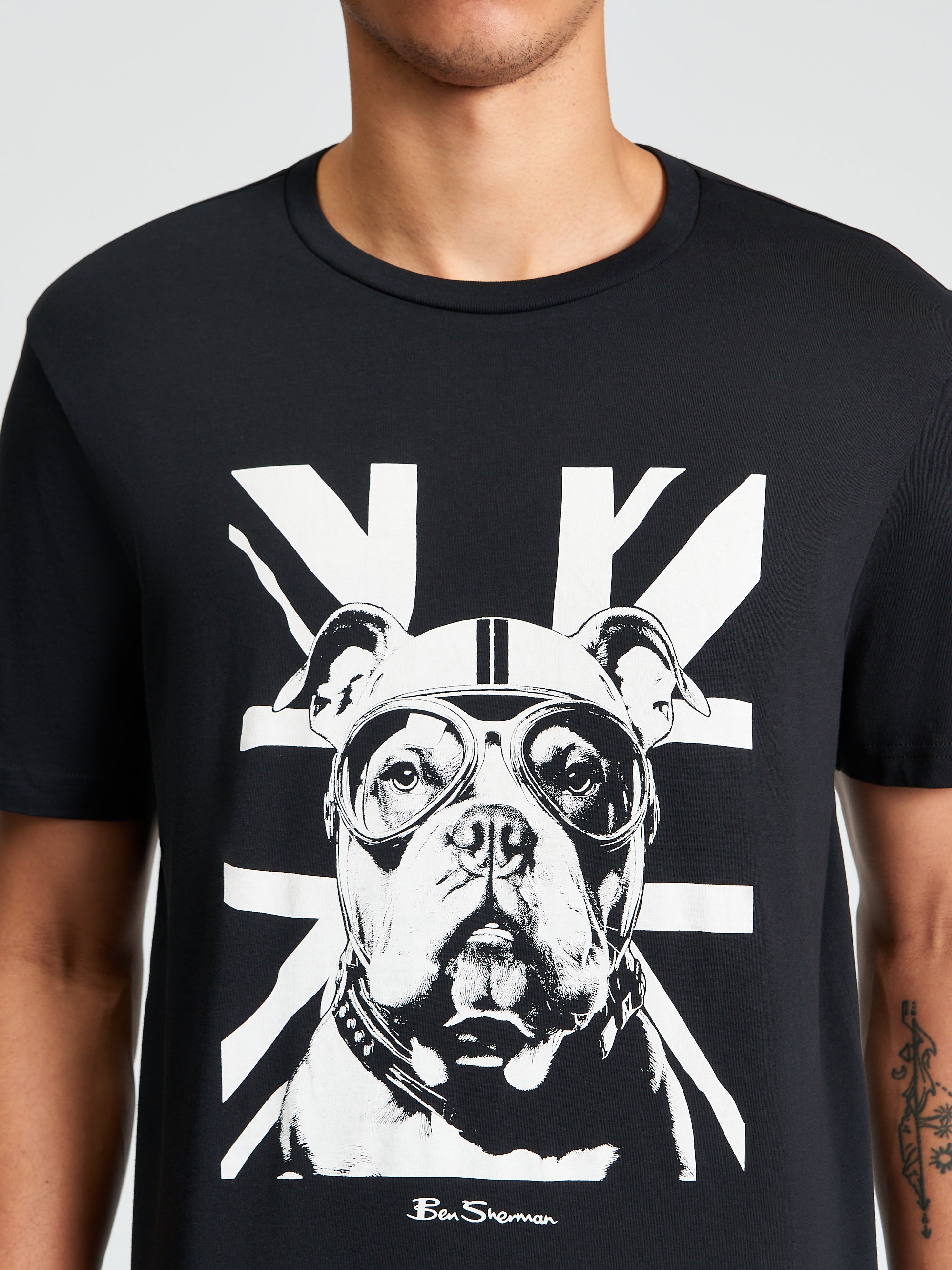 Bully Tee featuring a bold graphic print of a dog with glasses on a black t-shirt by Ben Sherman.