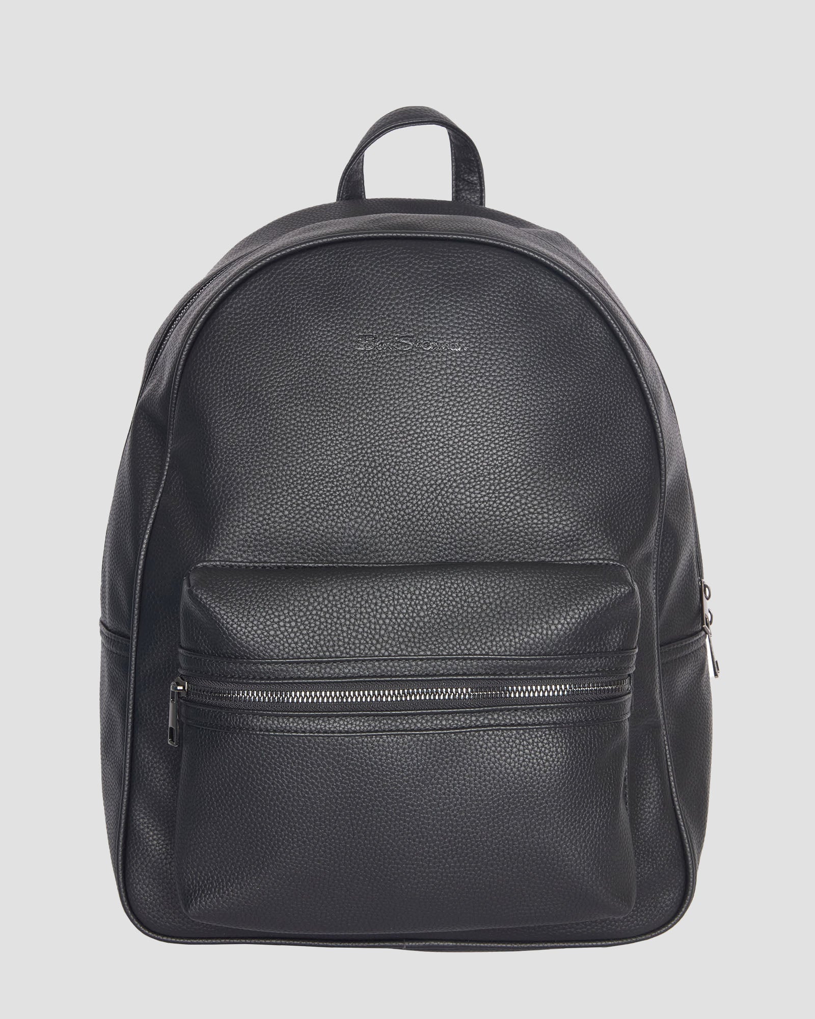 Pebble Backpack – classic black backpack with embossed branding and front zip pocket.