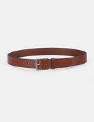 ROLLER BUCKLE BELT – brown leather belt with metal buckle and adjustable fit.