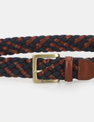 WEBBING BELT – braided blue and brown design with gold buckle