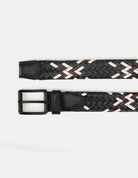 WOVEN BELT – black and white braided design with a sleek black buckle.