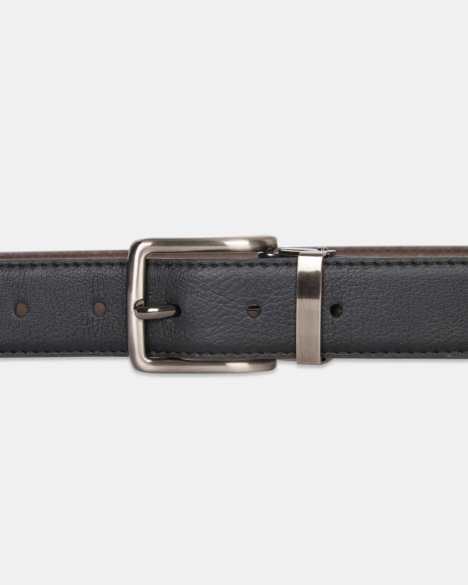 Two Belt Gift Pack – black leather belt with silver buckle close-up view