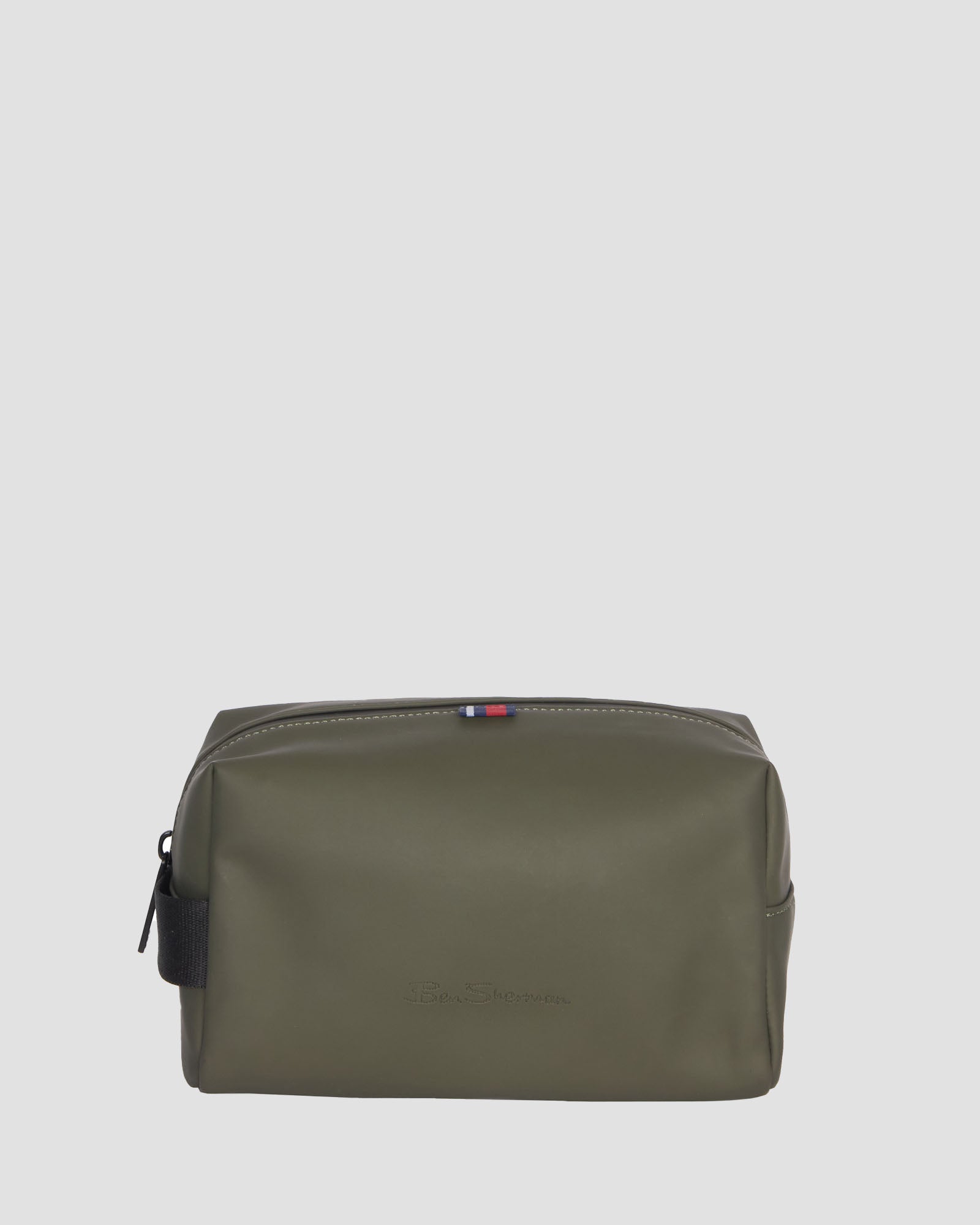 Water Resistant Toiletry Bag – Green with Ben Sherman logo print and ribbon detail for travel or home use.