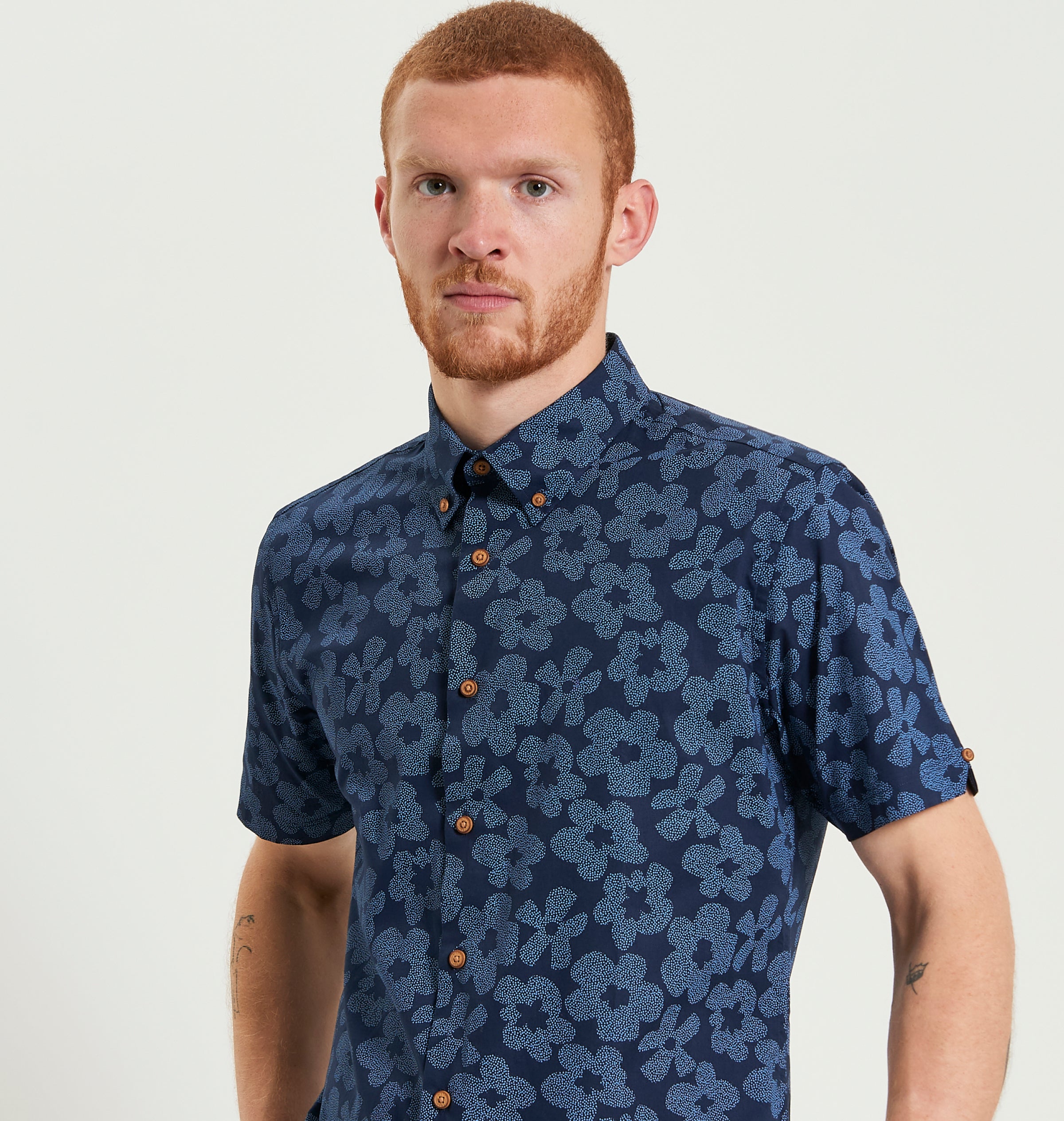 Man wearing Ben Sherman Stipple Floral Print shirt in dark navy 